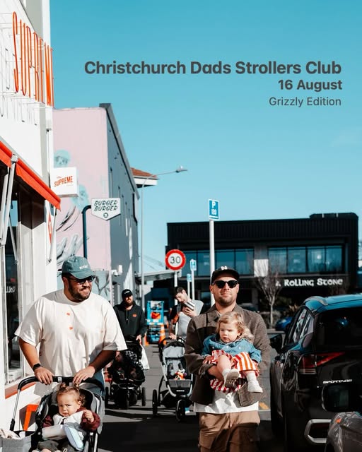 Dads and children out together with their strollers in Christchurch, from the club’s Grizzly Edition photo post