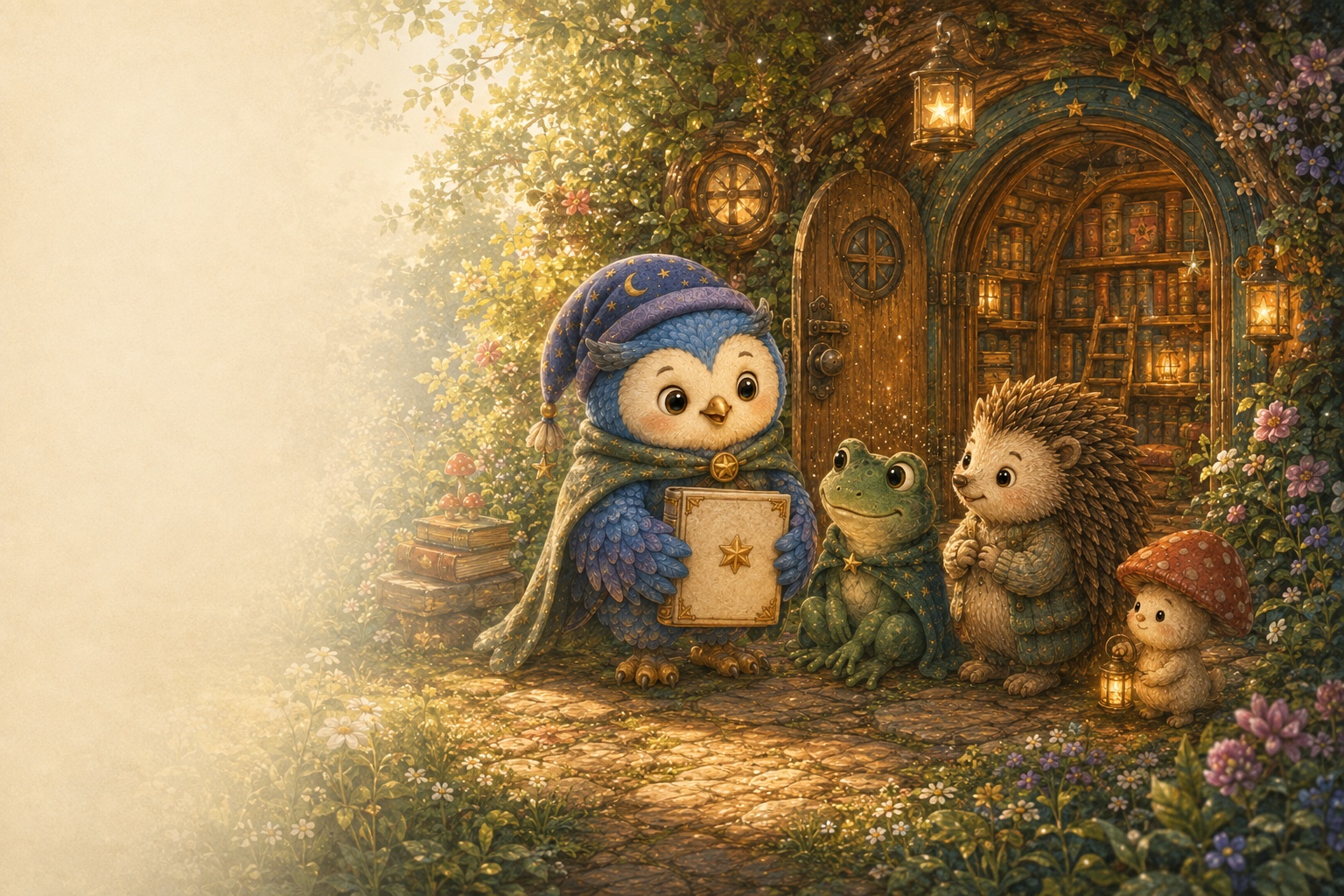 Lulla, Fern, Hazel, and Toadstool welcoming families outside the Lullaby Library