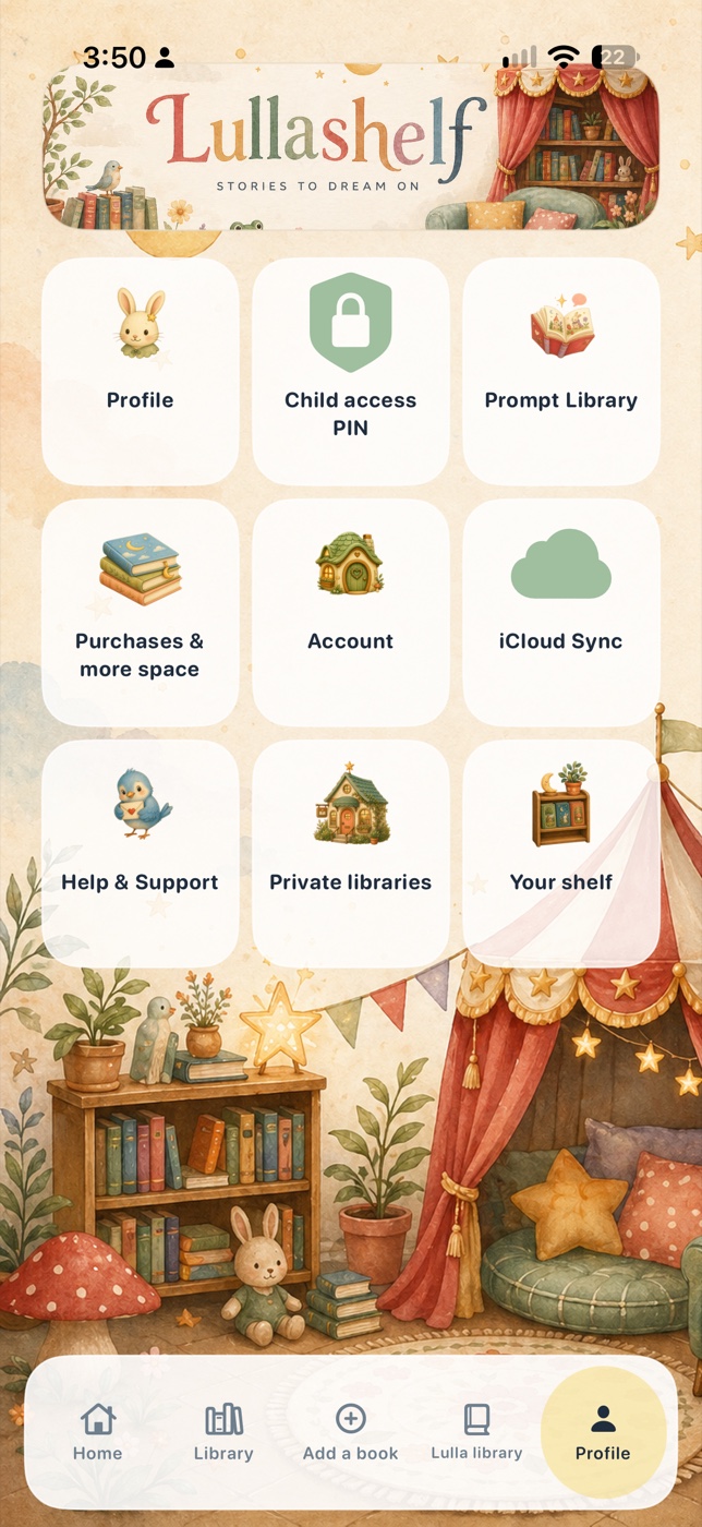 Latest Lullashelf Profile screen with account and family controls