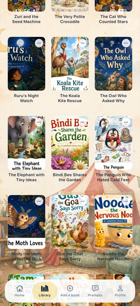Lullashelf library screen showing rows of book covers