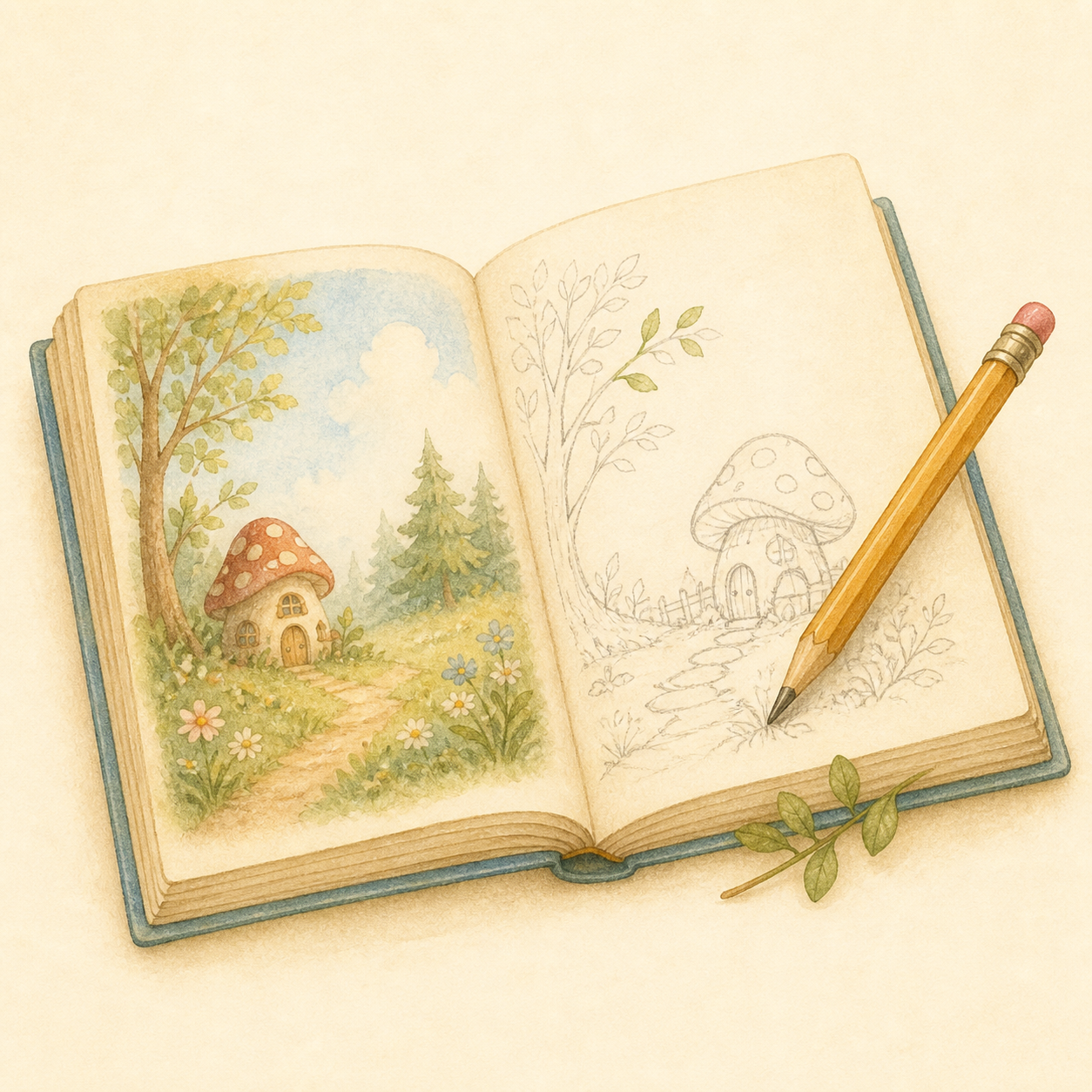 A pencil drawing the unfinished half of an open picture book