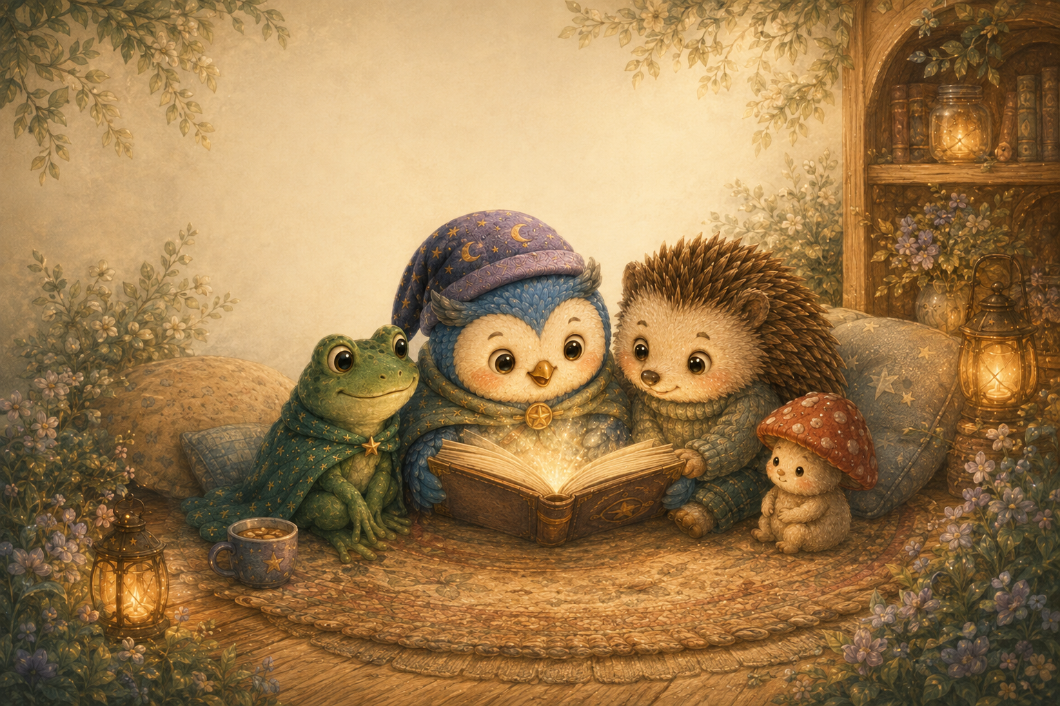Lulla, Fern, Hazel, and Toadstool reading together in LullaWorld