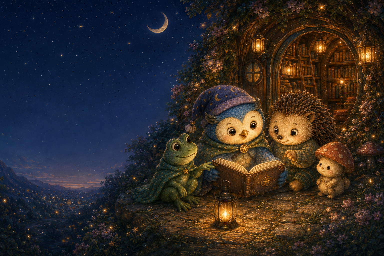 Lulla, Fern, Hazel, and Toadstool welcoming readers outside the LullaWorld library