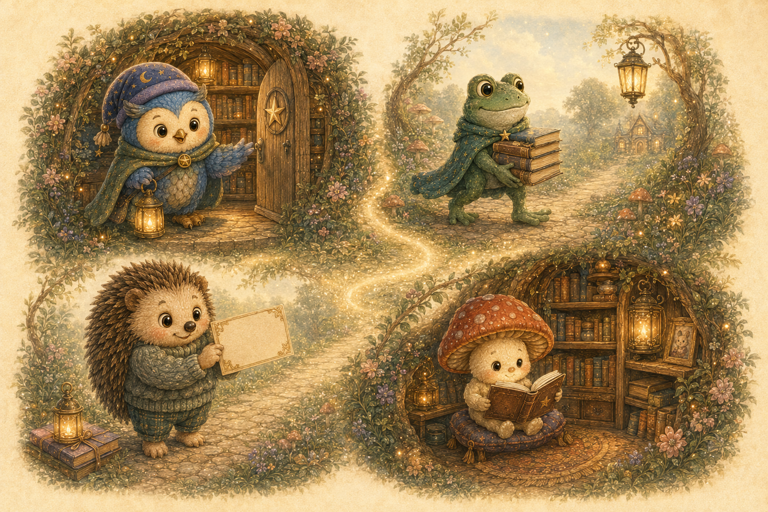 Lulla, Fern, Hazel, and Toadstool guiding a story from library setup to reading