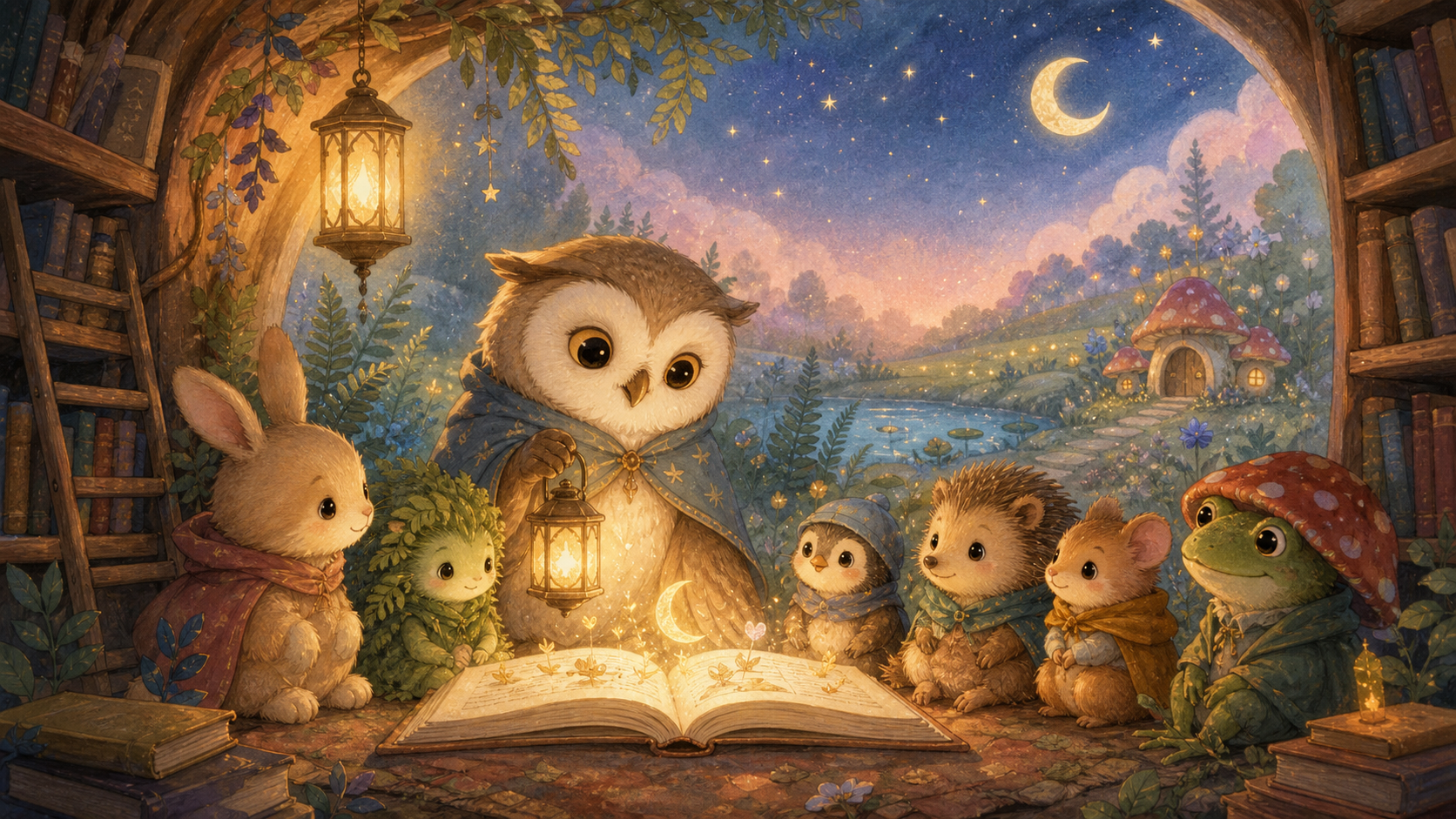 Lulla World friends gathered around a glowing storybook in their woodland library